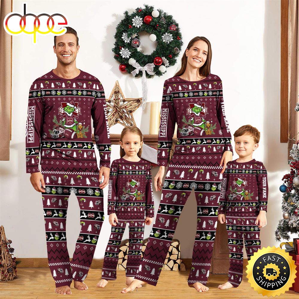 Mississippi State Bulldogs NCAA Custom Name Grinch Christmas And Sport Team Pajama Set boisv7