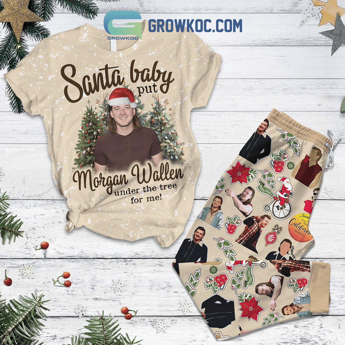 Morgan Wallen Santa Baby Christmas Tree Fleece Pajamas Set2B1 hd9bb