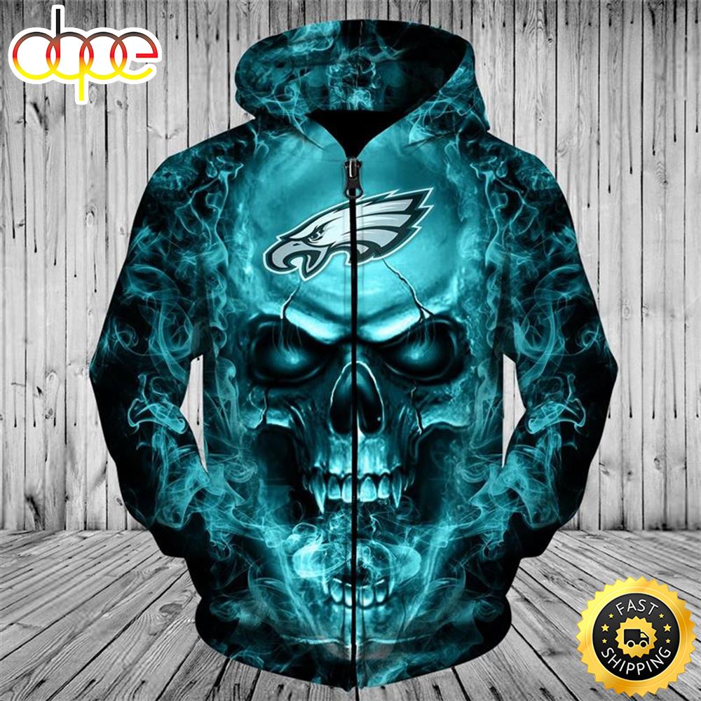 N.F.L.Philadelphia Eagles Neon Eagles Green Smoking Skull 3D Hoodie All Over Print Shirt