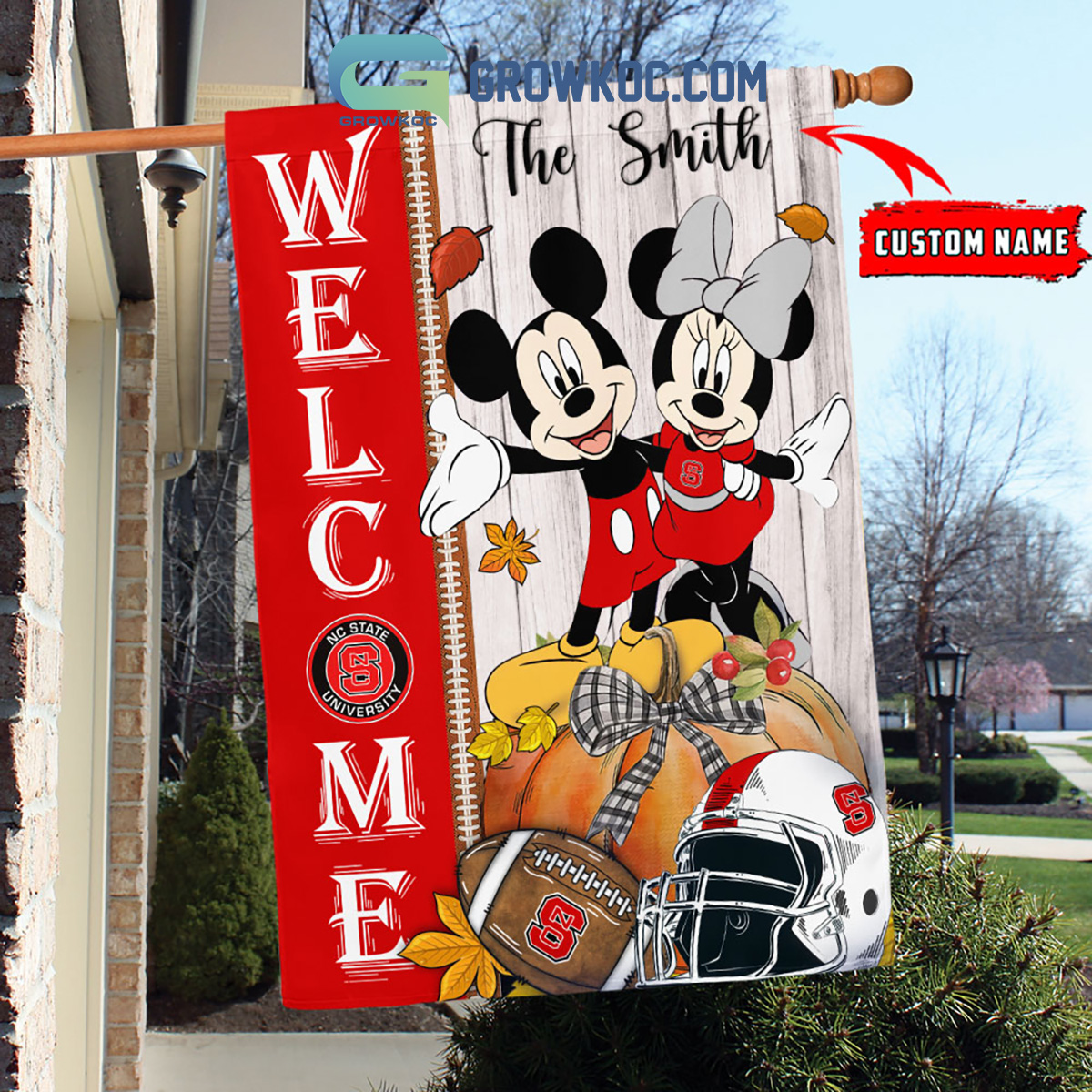 NC State Wolfpack NCAA Disney Mickey Minnie Welcome Fall Pumpkin Personalized House Garden Flag2B1 C69za