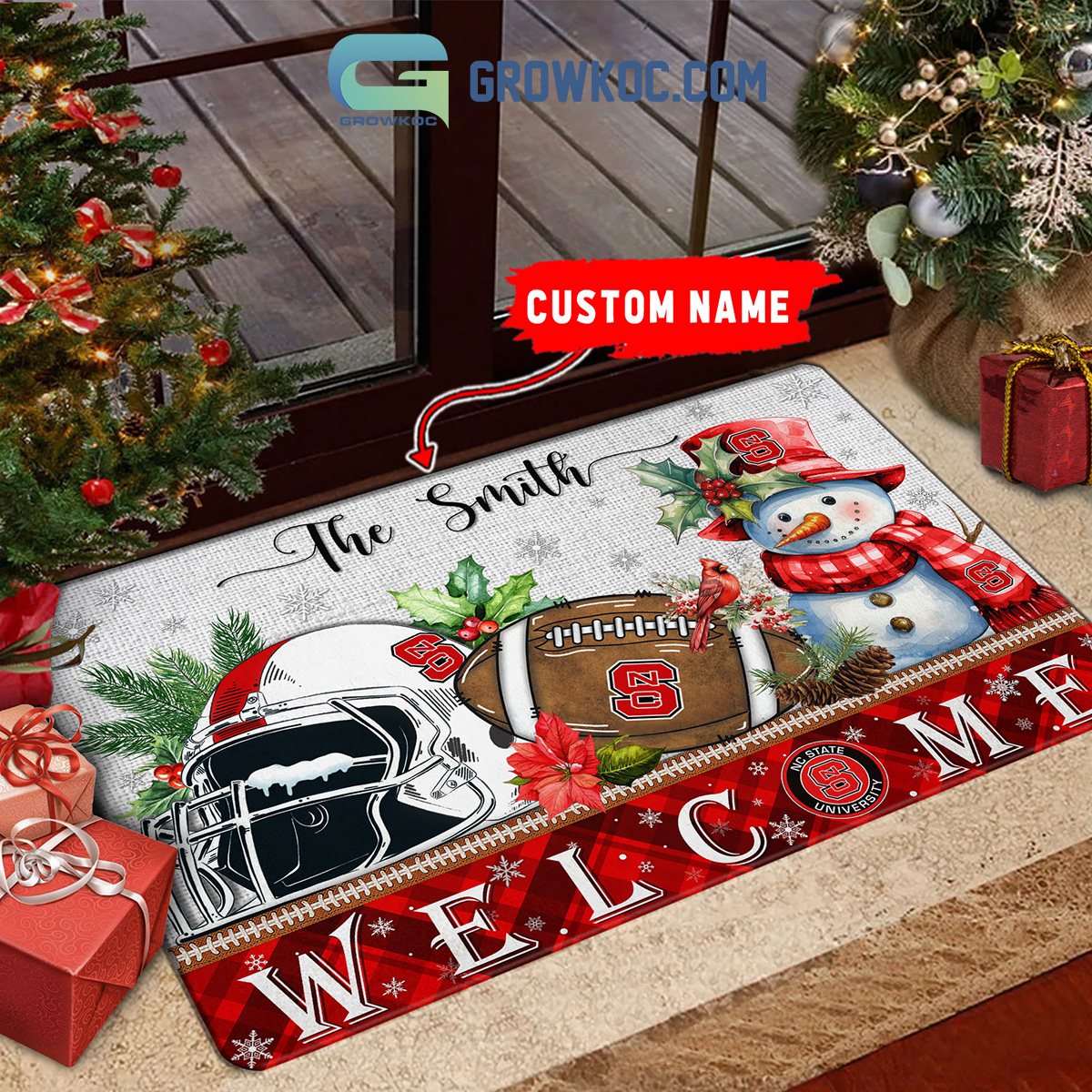 NC State Wolfpack Snowman Welcome Christmas Football Personalized Doormat2B1 JfwNV