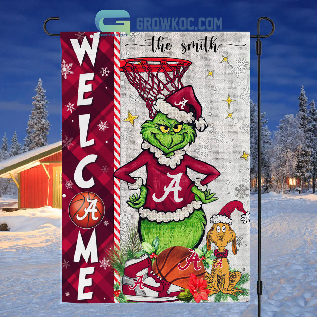 NCAA Alabama Crimson Tide Grinch Basketball Christmas Welcome Garden Flag Custom Name2B1 mkOqY