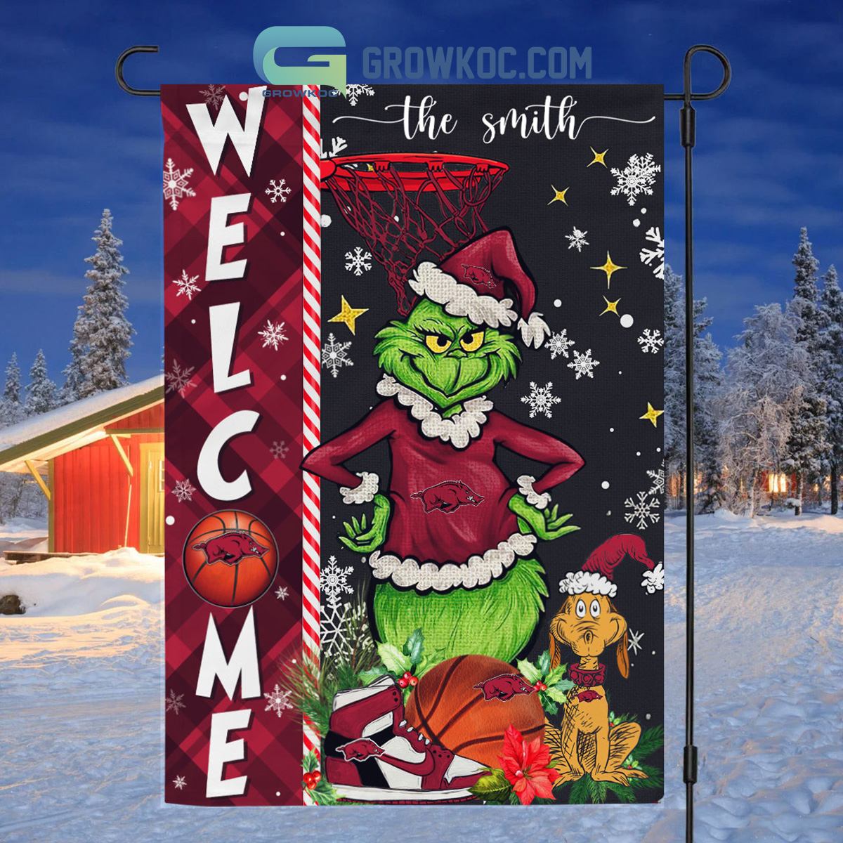 NCAA Arkansas Razorbacks Grinch Basketball Christmas Welcome Garden Flag Custom Name2B1 rkgQy