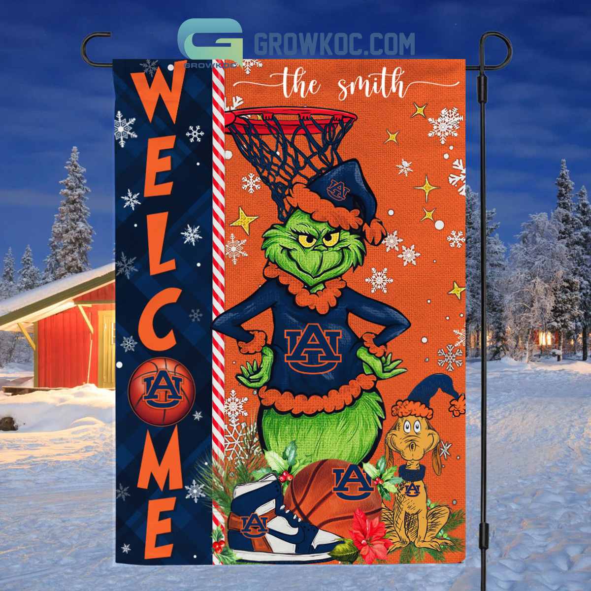 NCAA Auburn Tigers Grinch Basketball Christmas Welcome Garden Flag Custom Name2B1 BCNYd