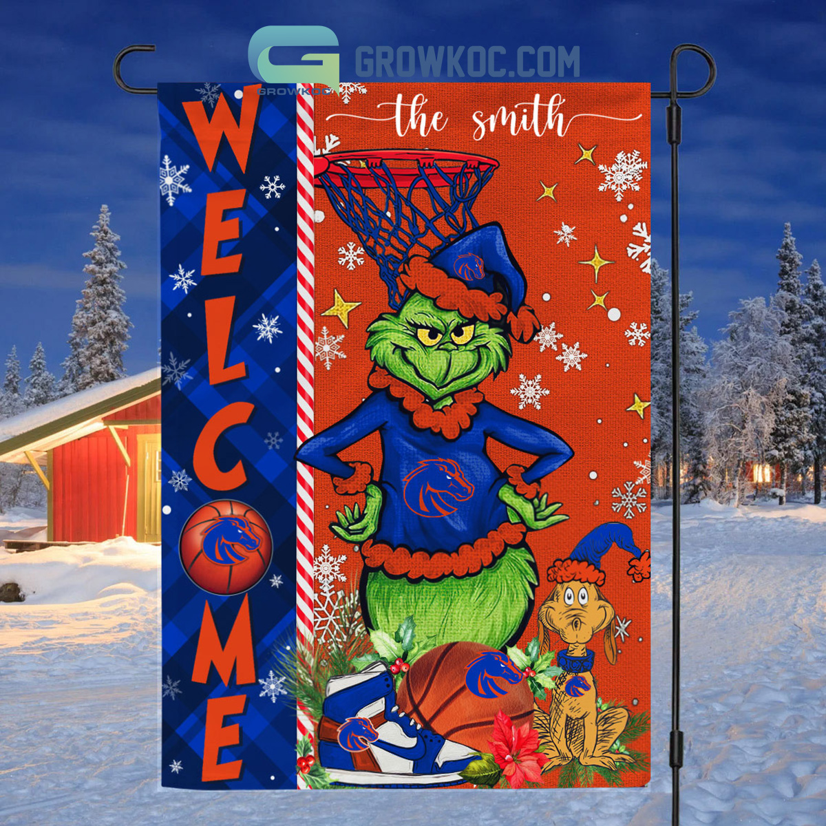 NCAA Boise State Broncos Grinch Basketball Christmas Welcome Garden Flag Custom Name2B1 PcFSn