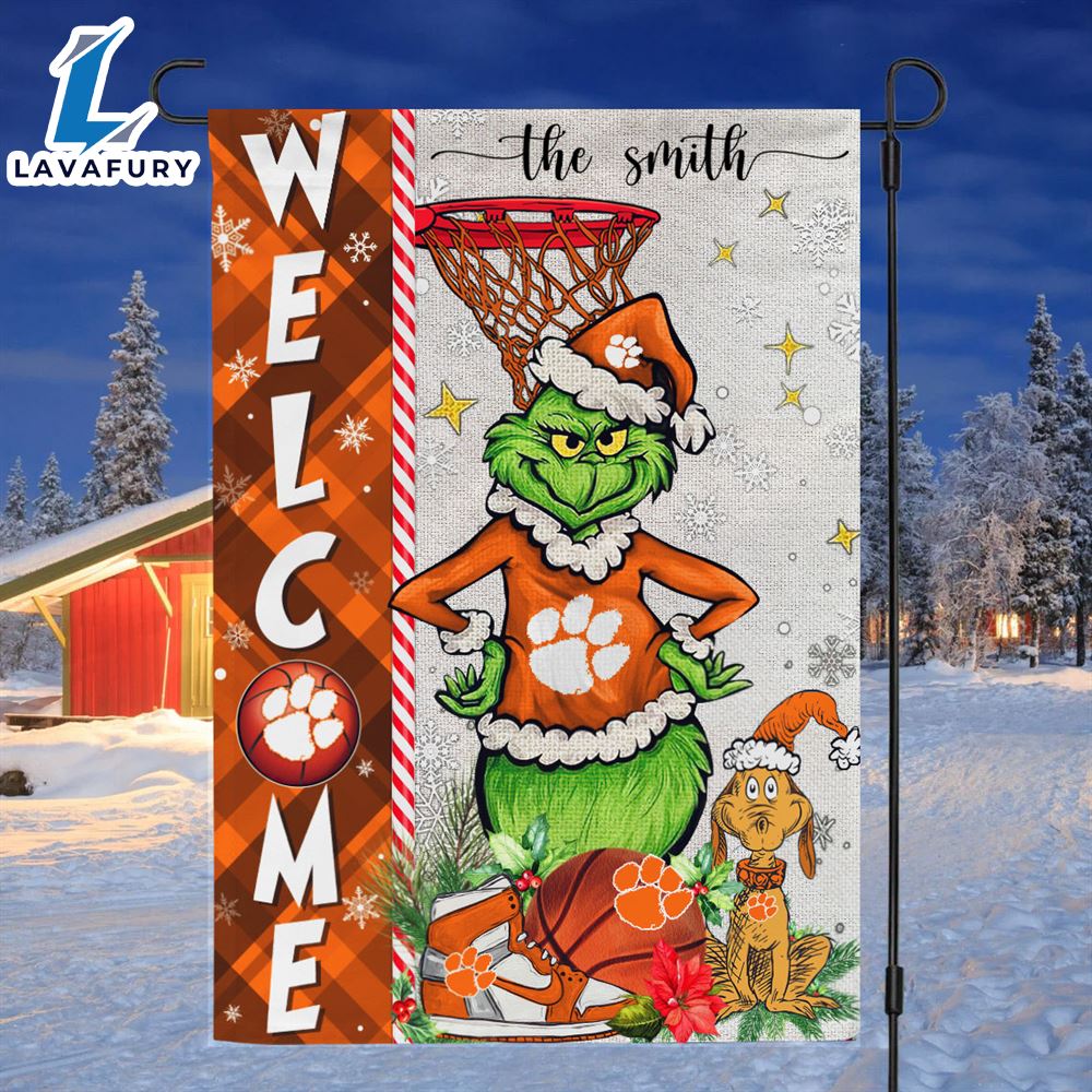 NCAA Clemson Tigers Grinch Basketball Christmas Welcome Garden Flag Custom Name