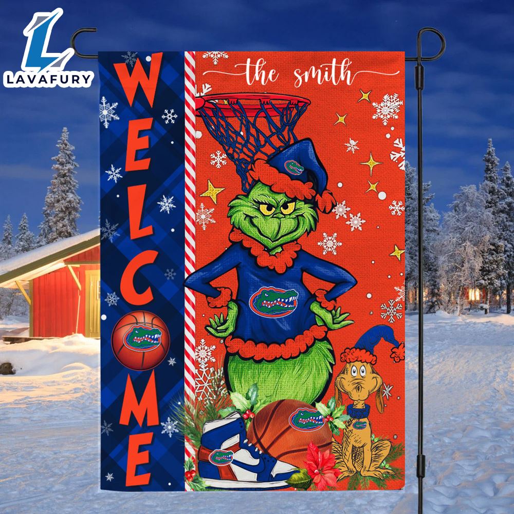 NCAA Florida Gators Grinch Basketball Christmas Welcome Garden Flag Custom Name