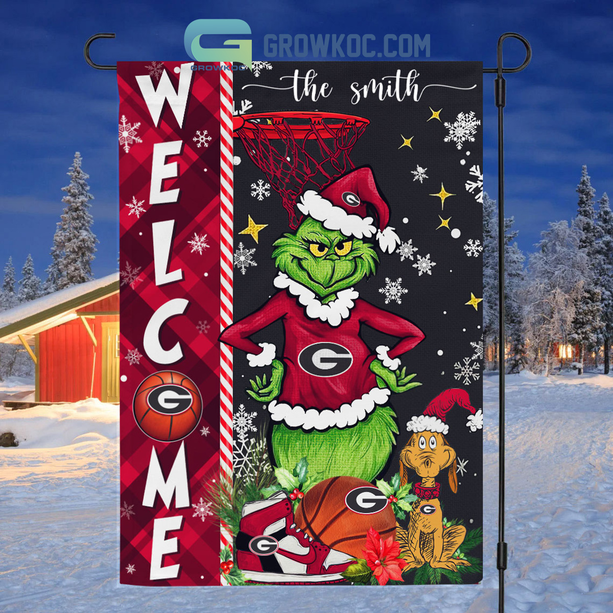 NCAA Georgia Bulldogs Grinch Basketball Christmas Welcome Garden Flag Custom Name2B1 ZxeY1