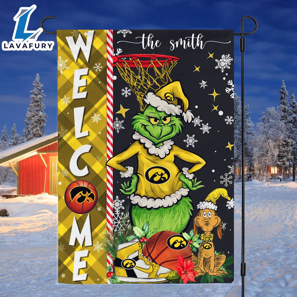 NCAA Iowa Hawkeyes Grinch Basketball Christmas Welcome Garden Flag Custom Name