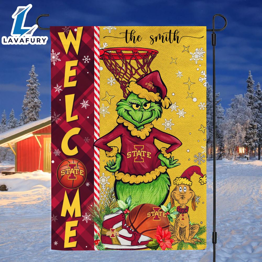 NCAA Iowa State Cyclones Grinch Basketball Christmas Welcome Garden Flag Custom Name