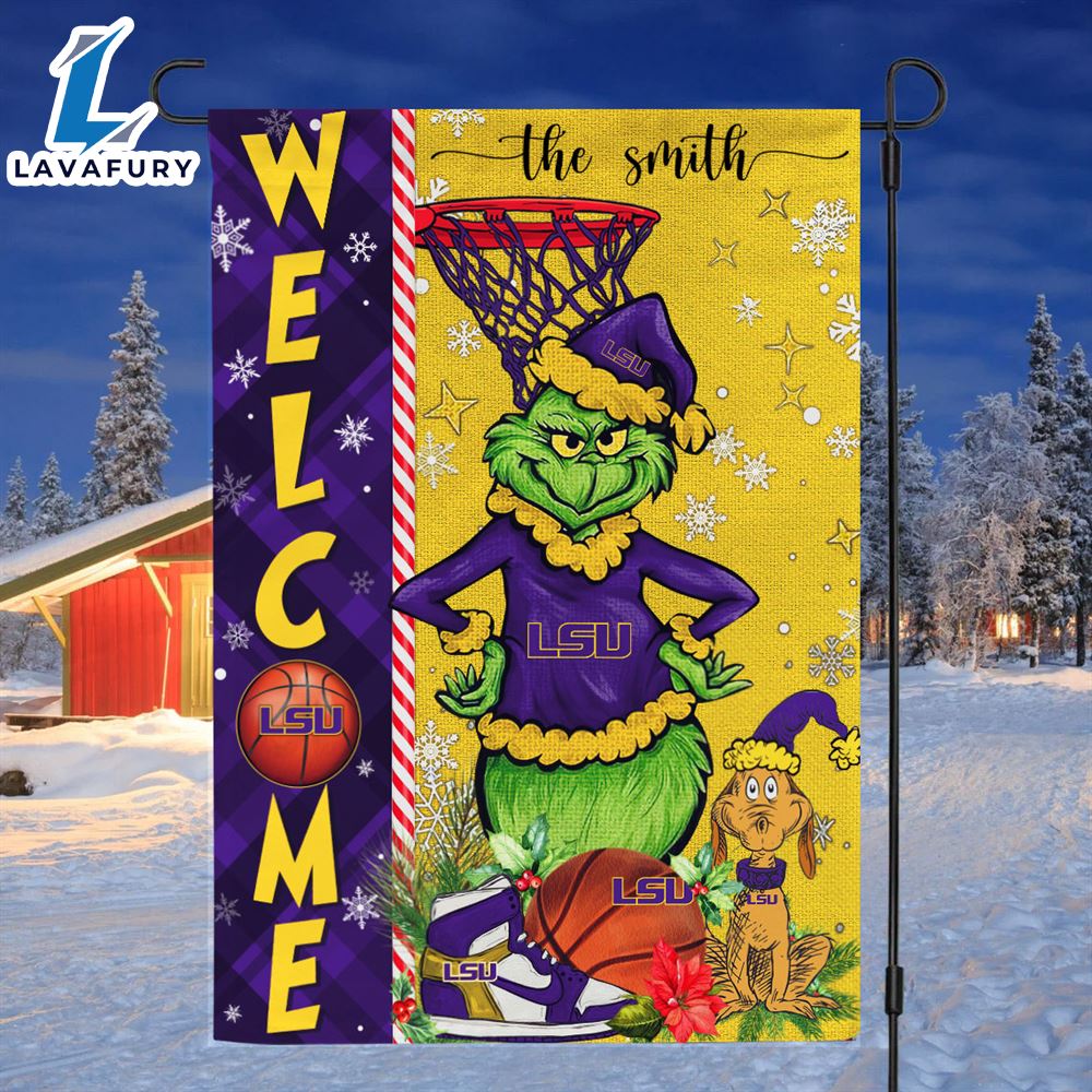 NCAA LSU Tigers Grinch Basketball Christmas Welcome Garden Flag Custom Name