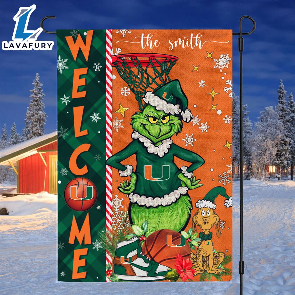 NCAA Miami Hurricanes Grinch Basketball Christmas Welcome Garden Flag Custom Name