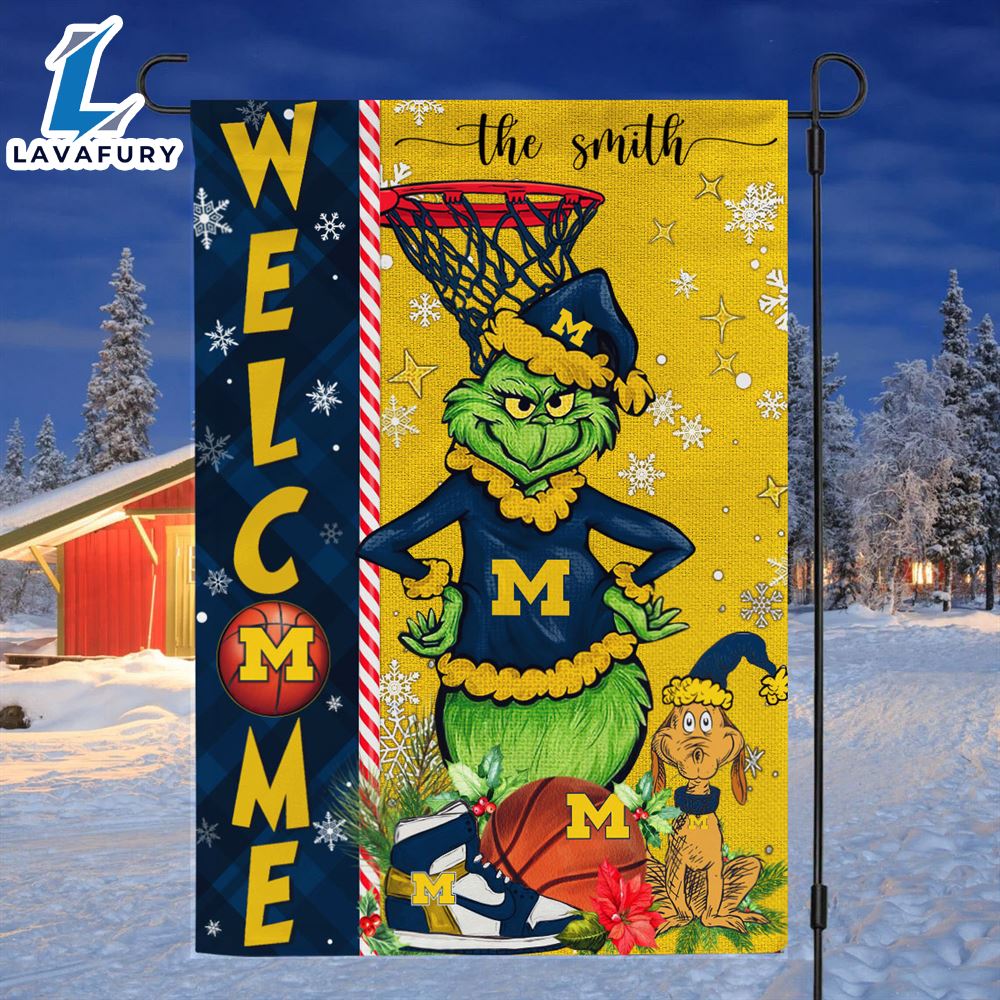 NCAA Michigan Wolverines Grinch Basketball Christmas Welcome Garden Flag Custom Name