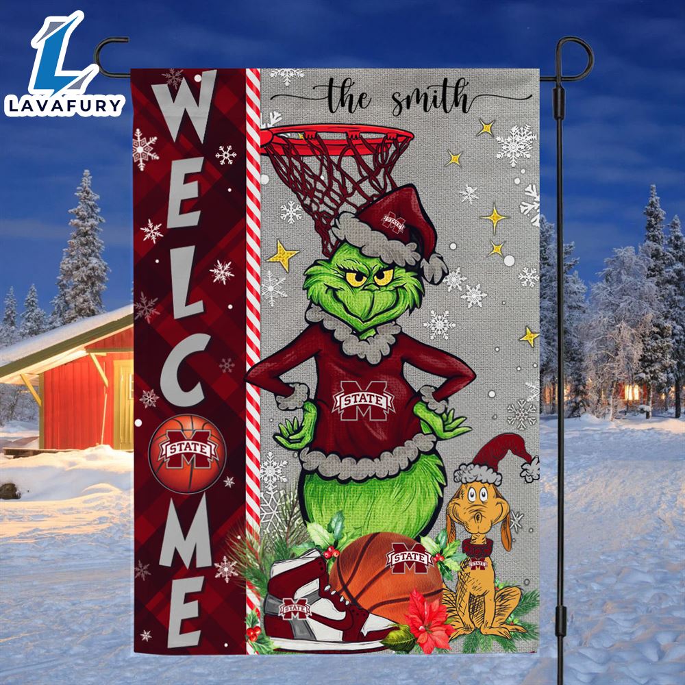 NCAA Mississippi State Bulldogs Grinch Basketball Christmas Welcome Garden Flag Custom Name