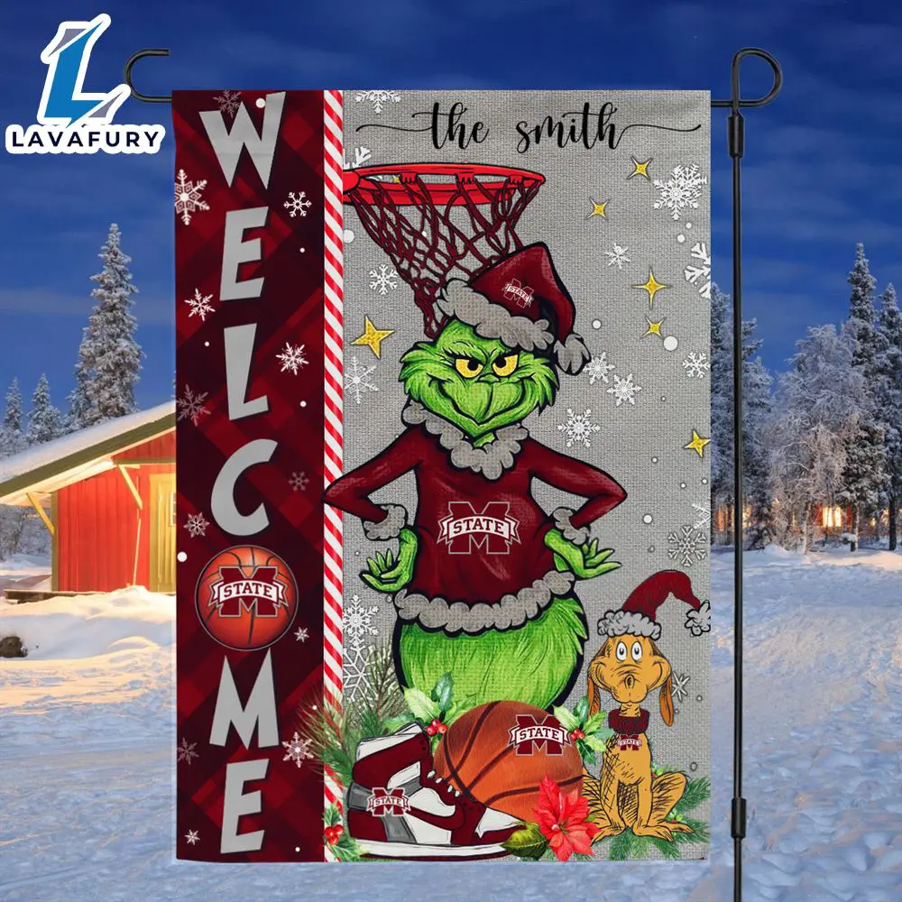 NCAA Mississippi State Bulldogs Grinch Basketball Christmas Welcome Garden Flag Custom Name
