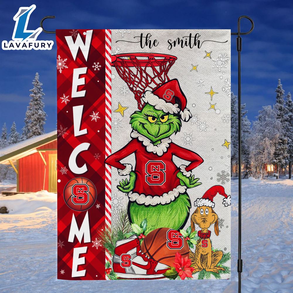 NCAA NC State Wolfpack Grinch Basketball Christmas Welcome Garden Flag Custom Name