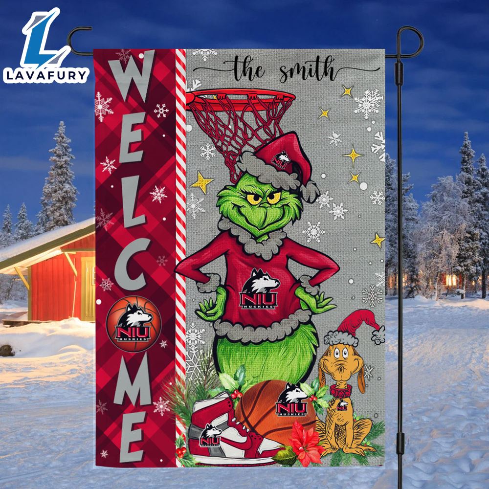 NCAA Northern Illinois Huskies Grinch Basketball Christmas Welcome Garden Flag Custom Name