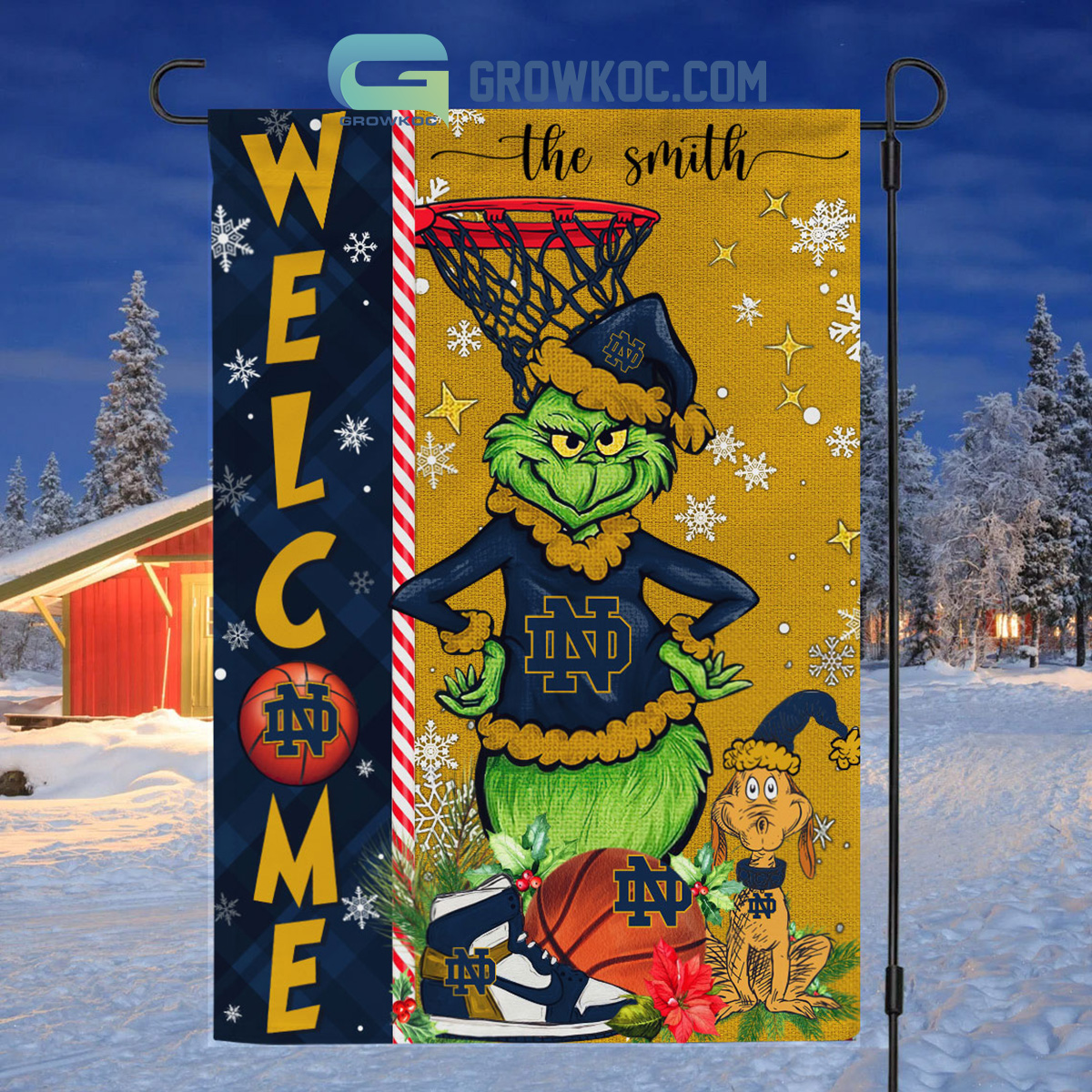 NCAA Notre Dame Fighting Irish Grinch Basketball Christmas Welcome Garden Flag Custom Name2B1 d72PF