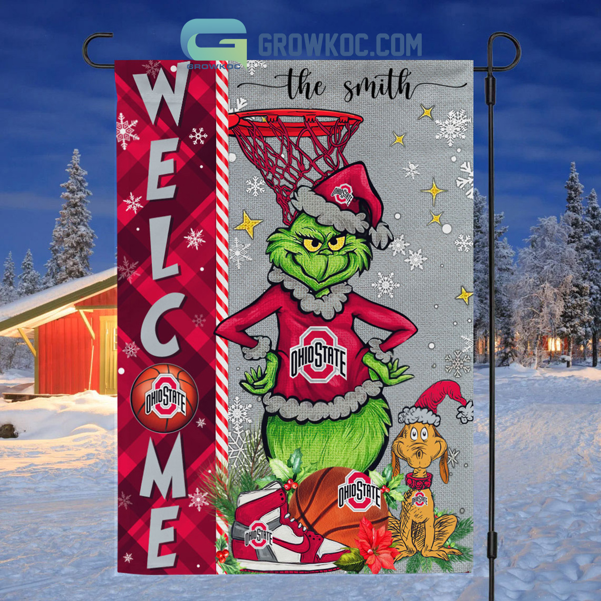 NCAA Ohio State Buckeyes Grinch Basketball Christmas Welcome Garden Flag Custom Name2B1 bwBen