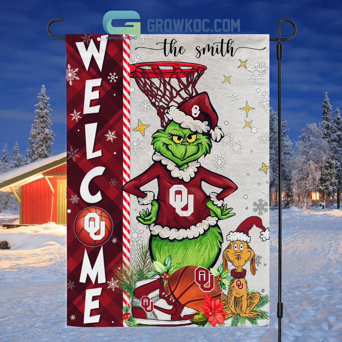 NCAA Oklahoma Sooners Grinch Basketball Christmas Welcome Garden Flag Custom Name2B1 vbPcn