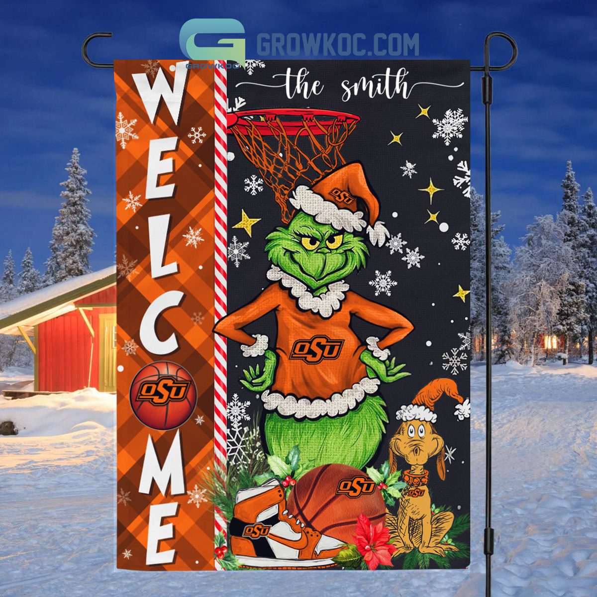 NCAA Oklahoma State Cowboys Grinch Basketball Christmas Welcome Garden Flag Custom Name2B1 UMblZ