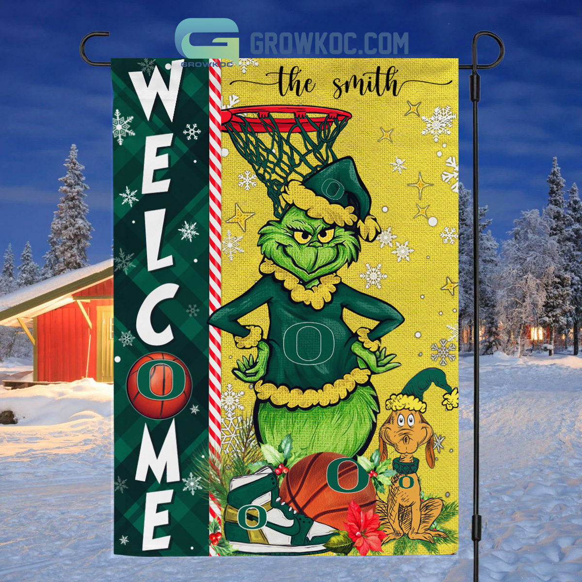 NCAA Oregon Ducks Grinch Basketball Christmas Welcome Garden Flag Custom Name2B1 3bSJM