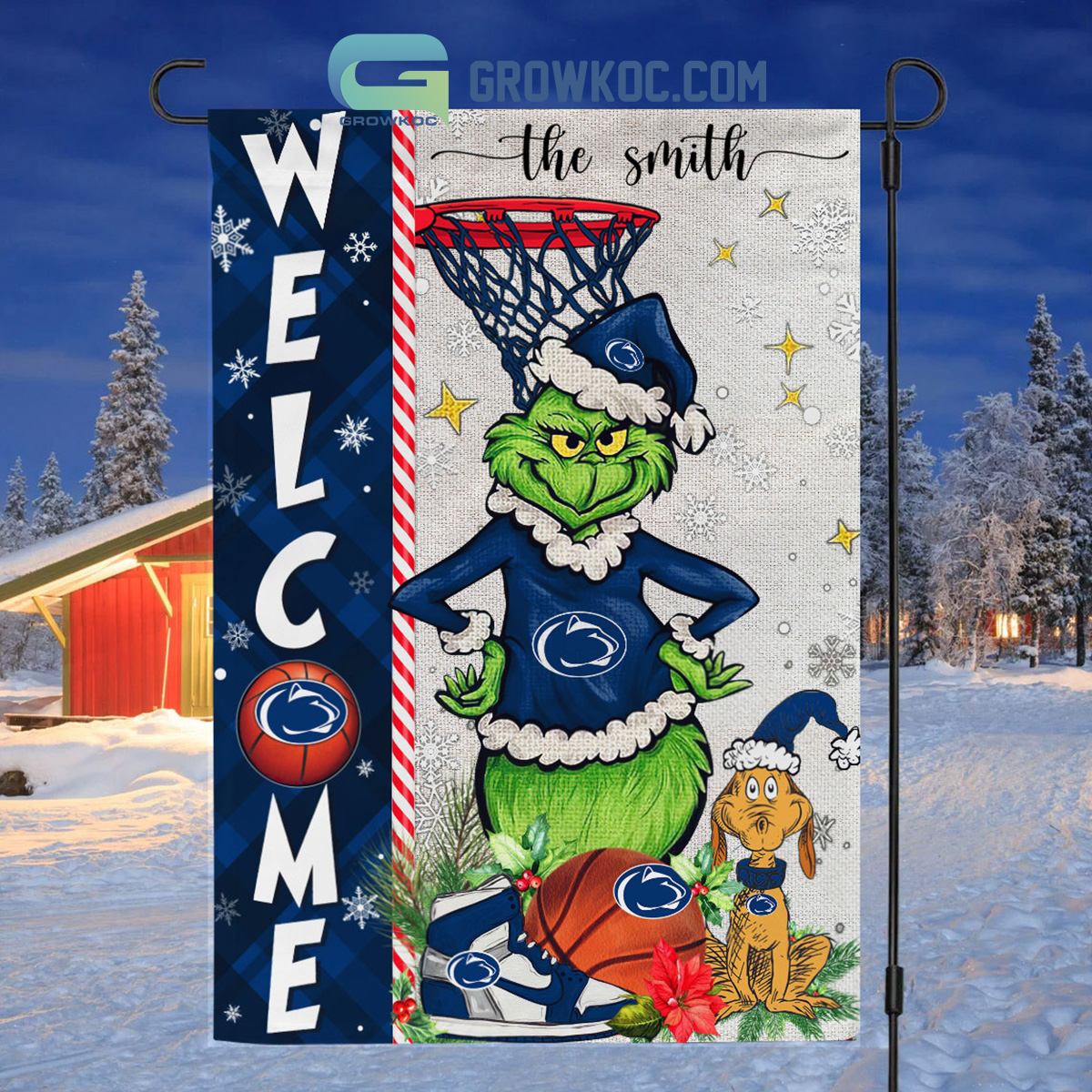 NCAA Penn State Nittany Lions Grinch Basketball Christmas Welcome Garden Flag Custom Name2B1 EiGAS