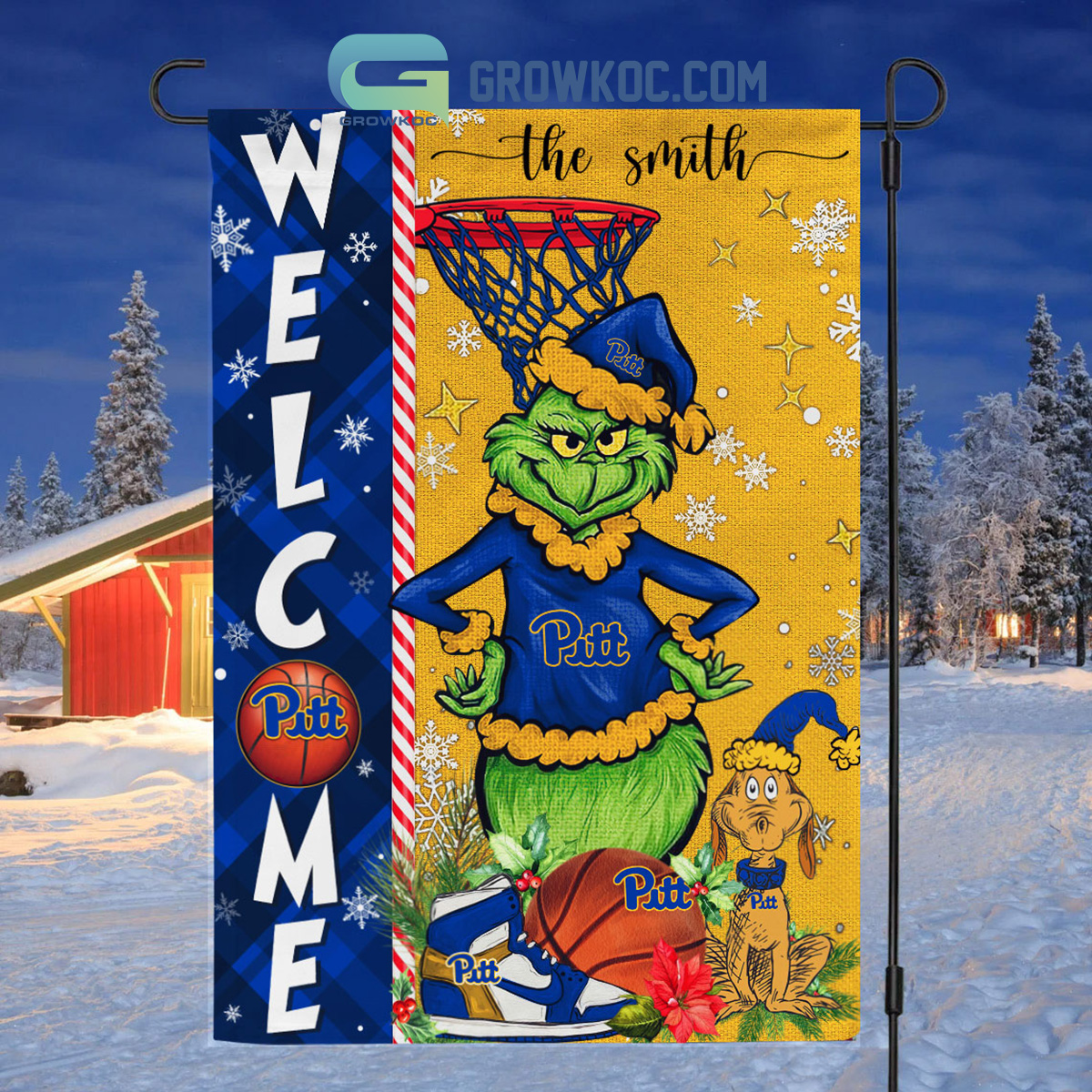 NCAA Pittsburgh Panthers Grinch Basketball Christmas Welcome Garden Flag Custom Name2B1 Htm6X