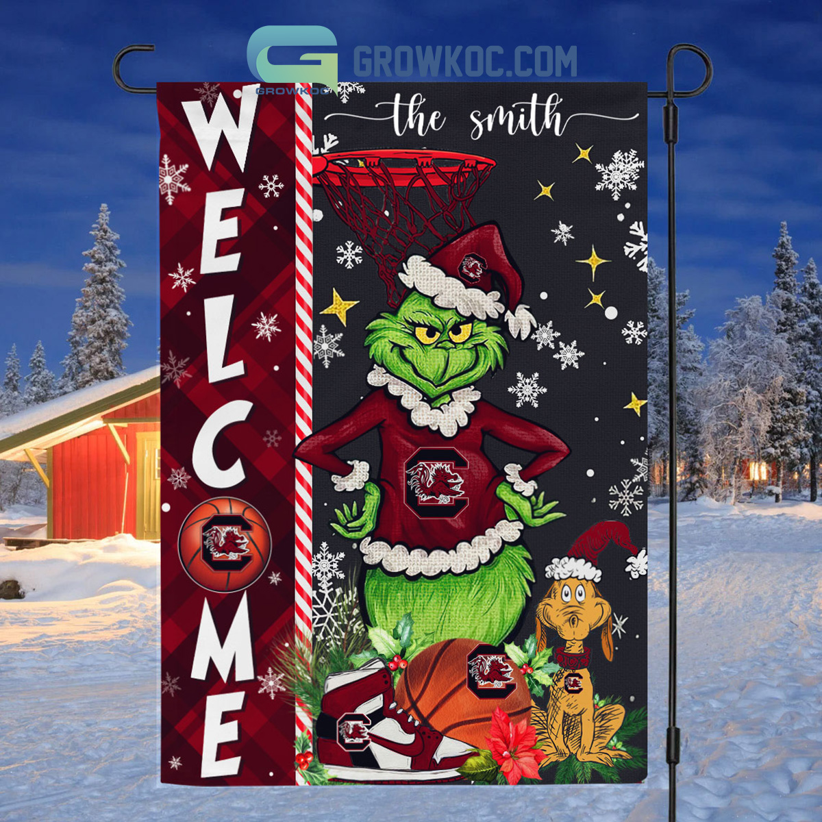 NCAA South Carolina Gamecocks Grinch Basketball Christmas Welcome Garden Flag Custom Name2B1 W6yW3