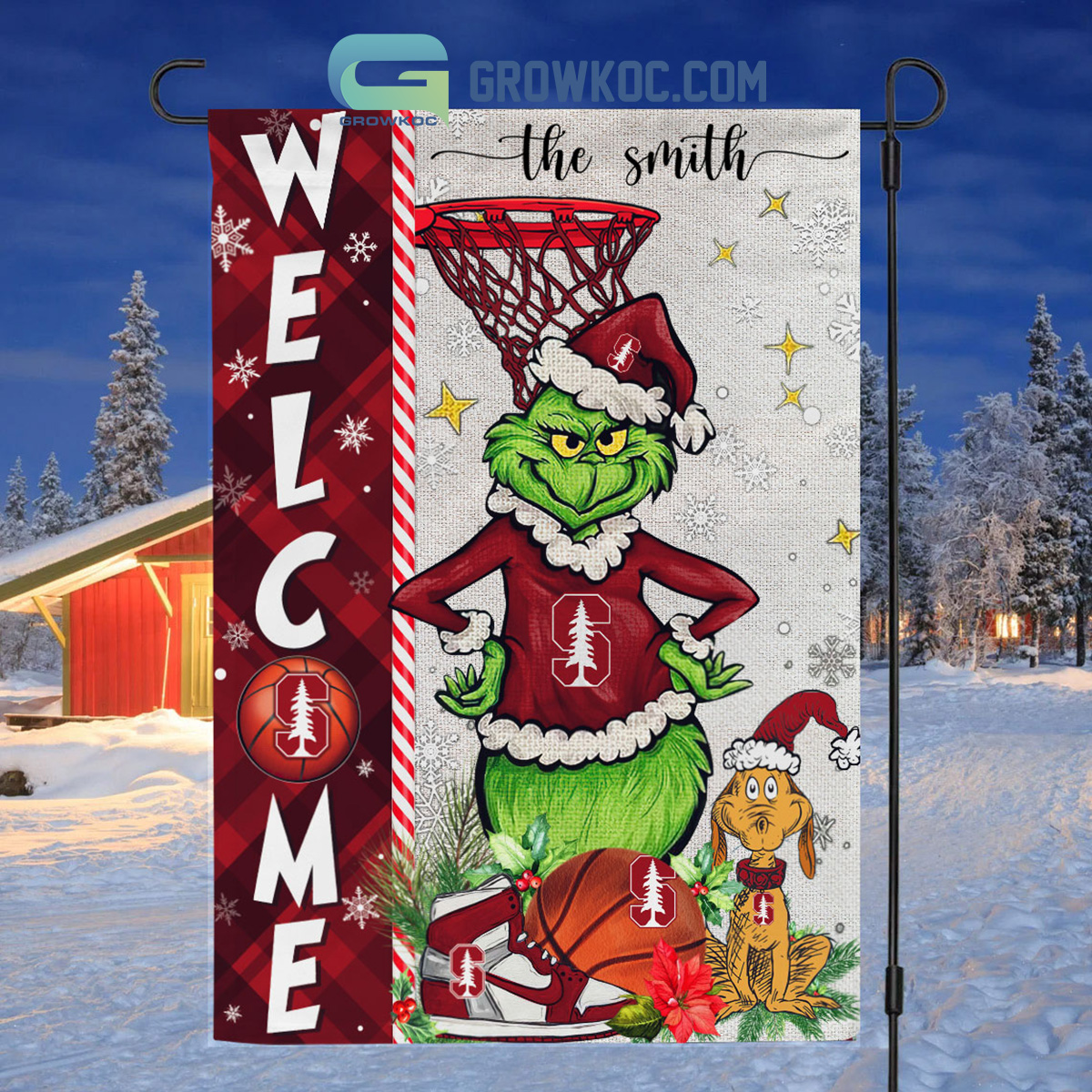 NCAA Stanford Cardinal Grinch Basketball Christmas Welcome Garden Flag Custom Name2B1 t4r3k