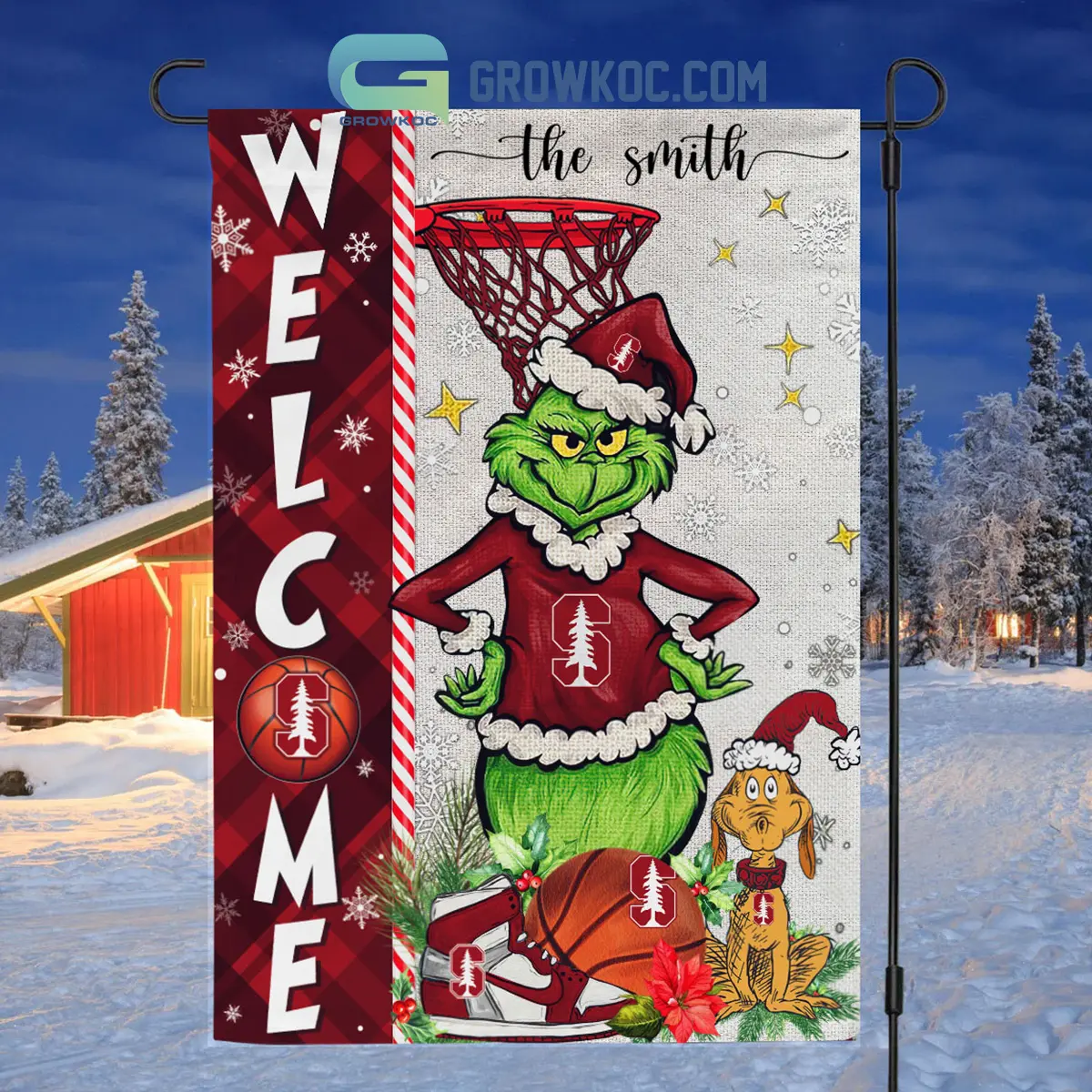 NCAA Stanford Cardinal Grinch Basketball Christmas Welcome Garden Flag Custom Name2B1 t4r3k