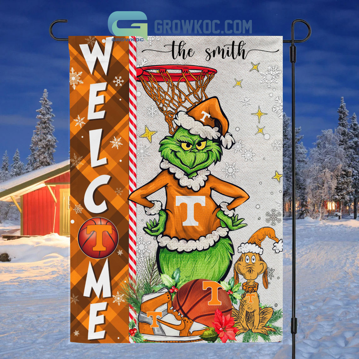 NCAA Tennessee Volunteers Grinch Basketball Christmas Welcome Garden Flag Custom Name2B1 CrICs