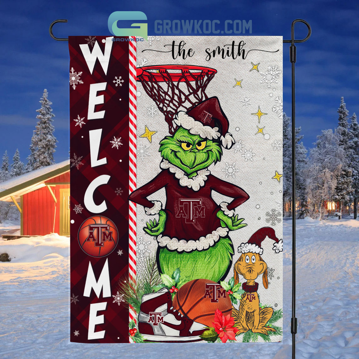 NCAA Texas A26amp3BM Aggies Grinch Basketball Christmas Welcome Garden Flag Custom Name2B1 MHg6y