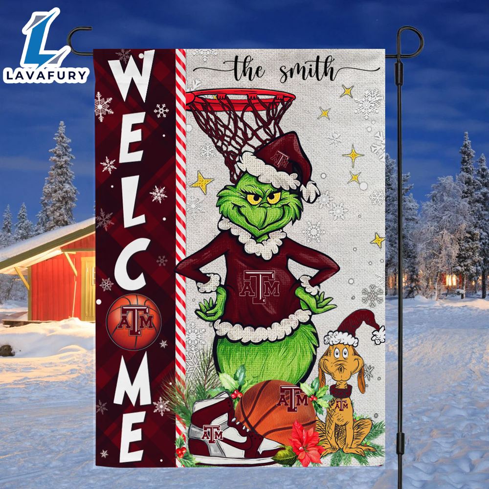 NCAA Texas AampM Aggies Grinch Basketball Christmas Welcome Garden Flag Custom Name