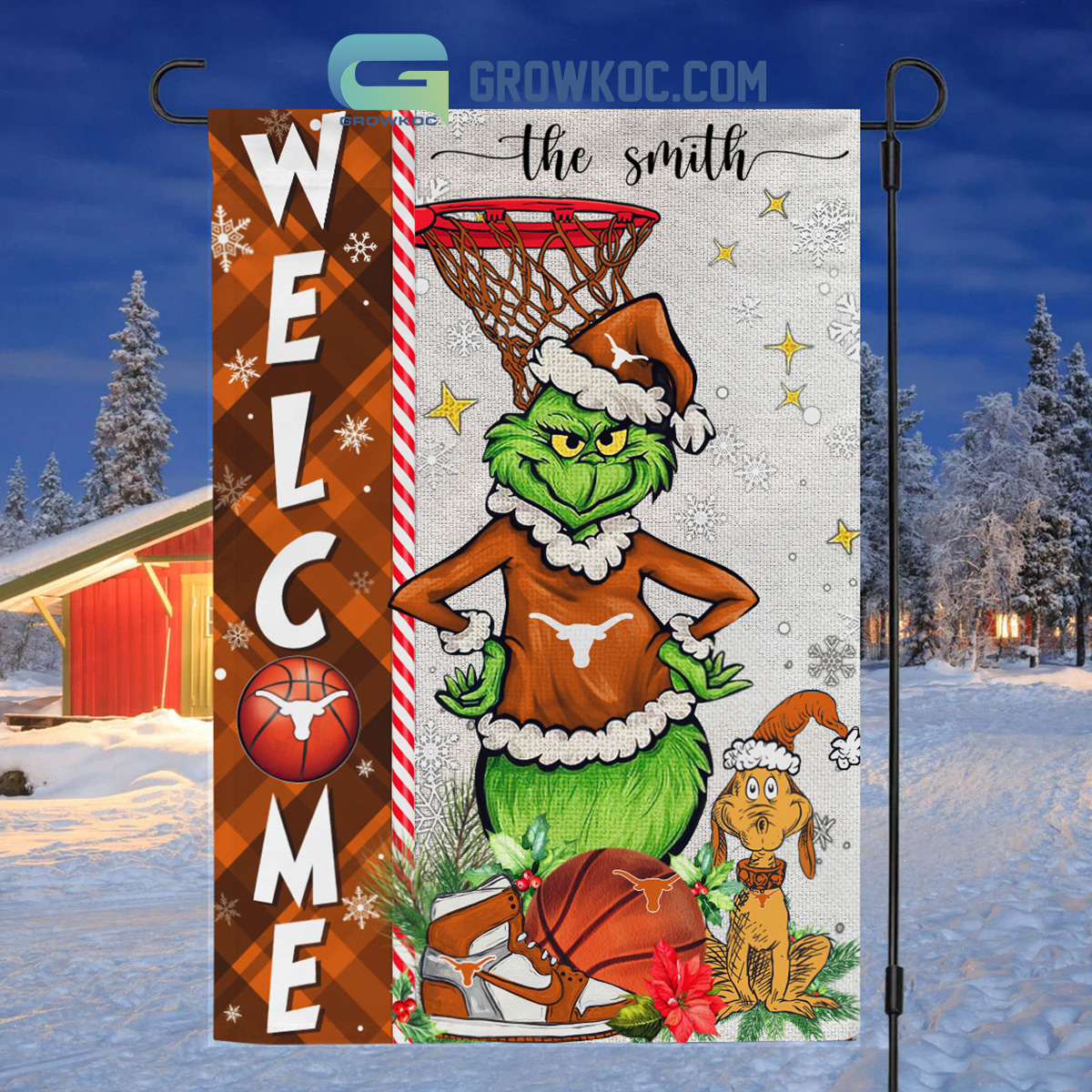 NCAA Texas Longhorns Grinch Basketball Christmas Welcome Garden Flag Custom Name2B1 mQzAy