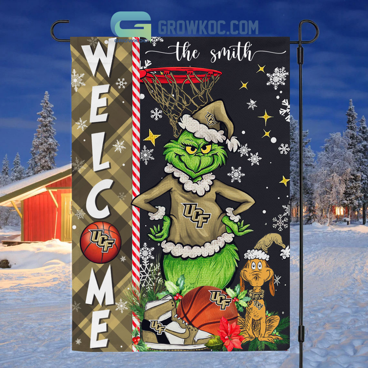 NCAA UCF Knights Grinch Basketball Christmas Welcome Garden Flag Custom Name2B1 B8iR6