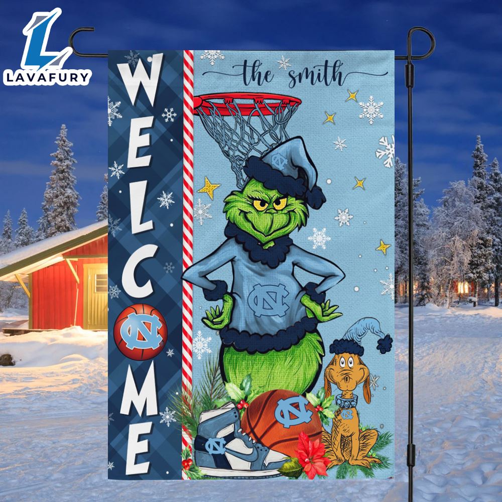 NCAA UNC Tar Heels Grinch Basketball Christmas Welcome Garden Flag Custom Name