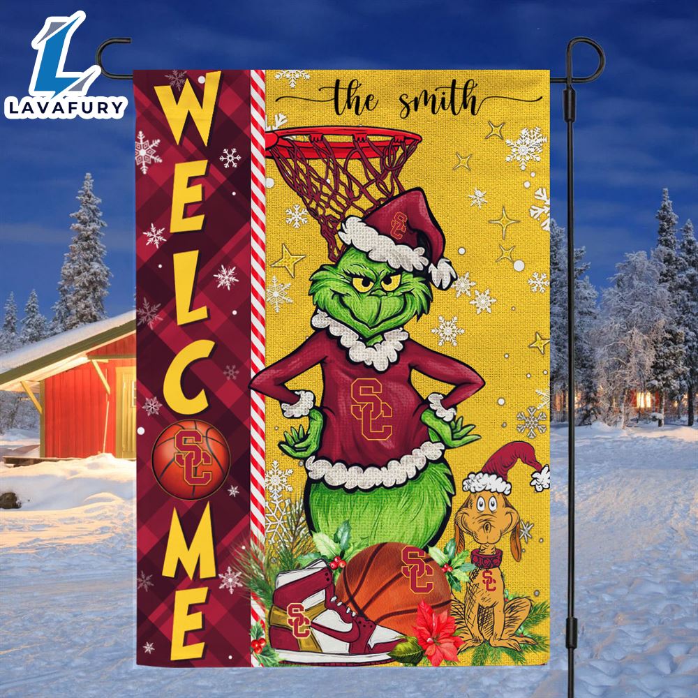 NCAA USC Trojans Grinch Basketball Christmas Welcome Garden Flag Custom Name