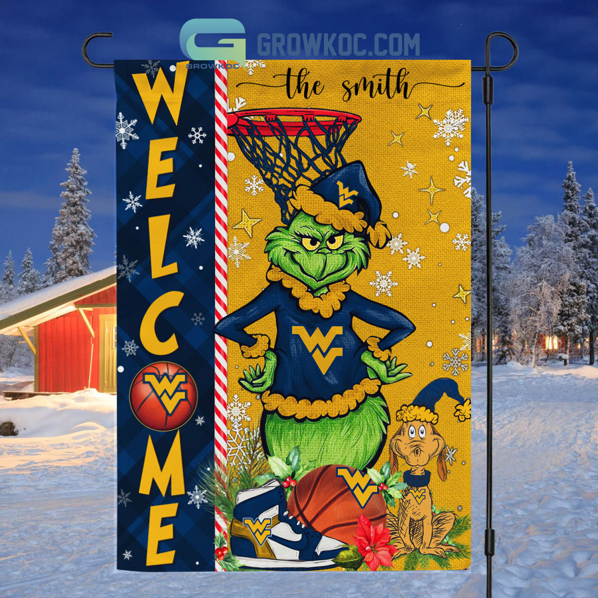 NCAA West Virginia Mountaineers Grinch Basketball Christmas Welcome Garden Flag Custom Name2B1 7GNeI