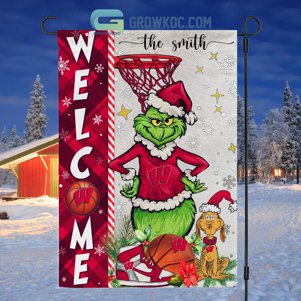 NCAA Wisconsin Badgers Grinch Basketball Christmas Welcome Garden Flag Custom Name2B1 bIWqM