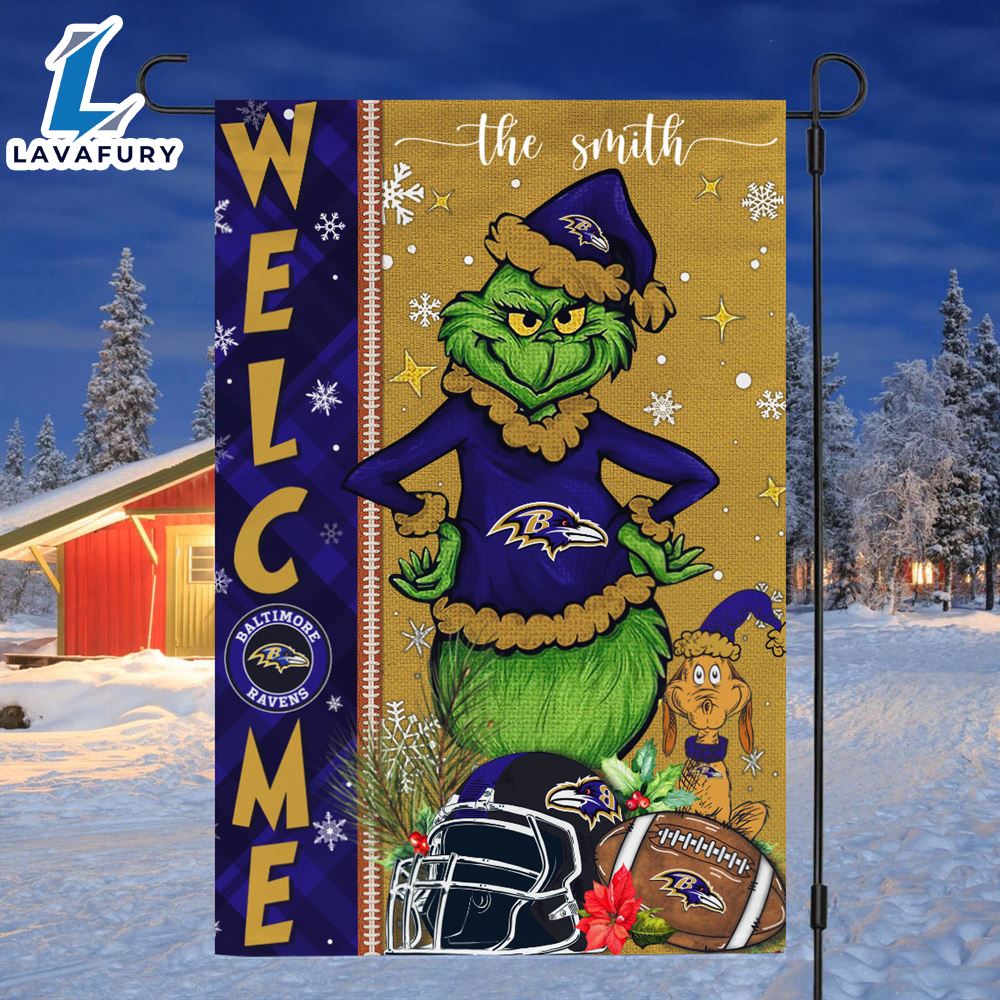 NFL Baltimore Ravens Grinch Football Christmas Welcome Garden Flag Custom Name