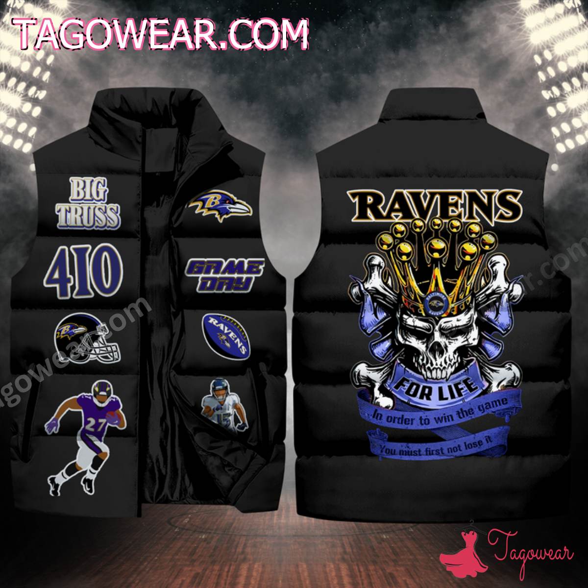 NFL Baltimore Ravens Skull For Life In Order To Win The Game Puffer Sleeveless Jacket