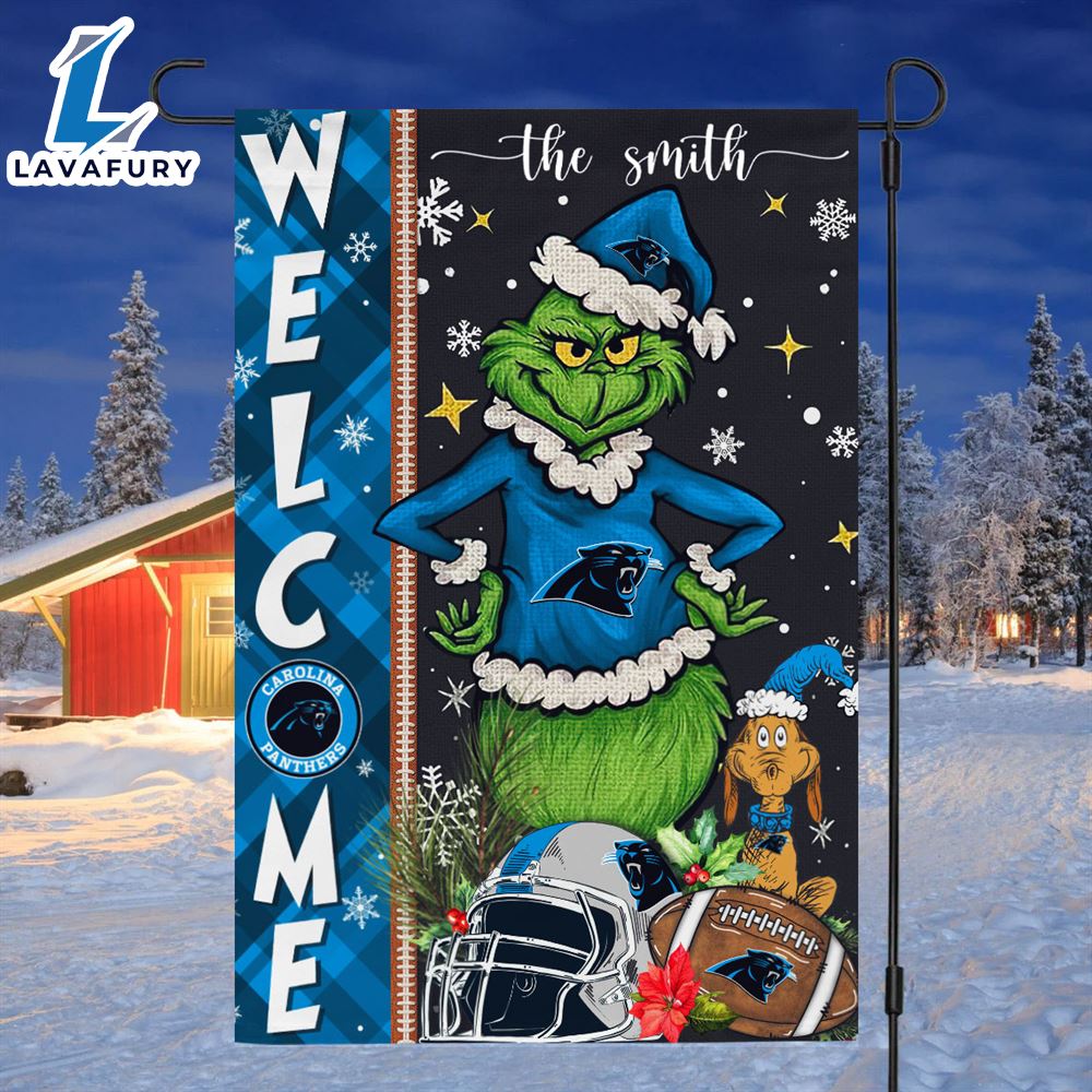 NFL Carolina Panthers Grinch Football Christmas Welcome Garden Flag Custom Name