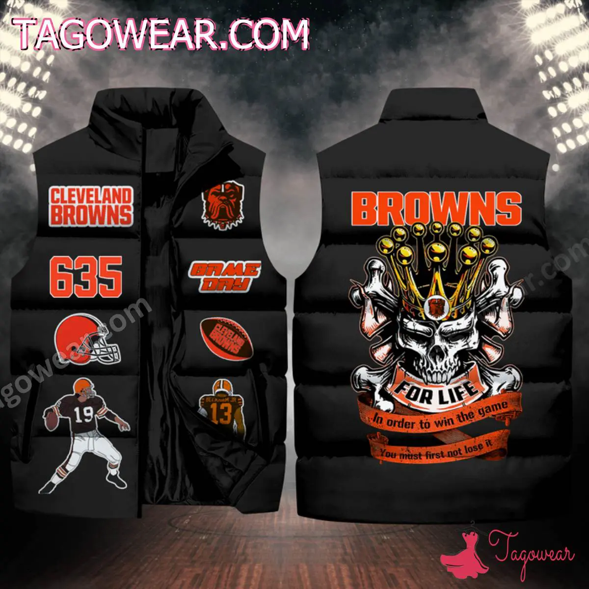 NFL Cleveland Browns Skull For Life In Order To Win The Game Puffer Sleeveless Jacket