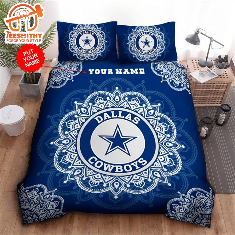 NFL Dallas Cowboys Custom Name Blue Grey Logo Center Bedding Set