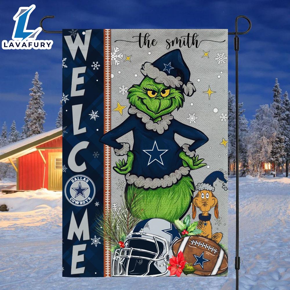 NFL Dallas Cowboys Grinch Football Christmas Welcome Garden Flag Custom Name