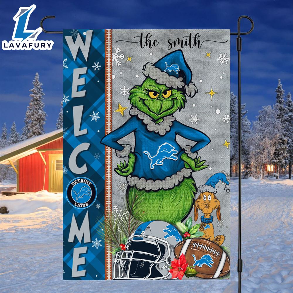 NFL Detroit Lions Grinch Football Christmas Welcome Garden Flag Custom Name