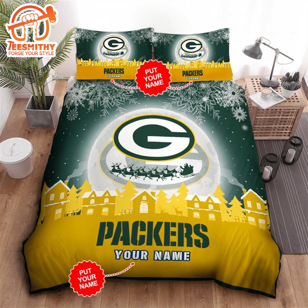 NFL Green Bay Packers Custom Name Big Logo Xmas Reindeers Bedding Set