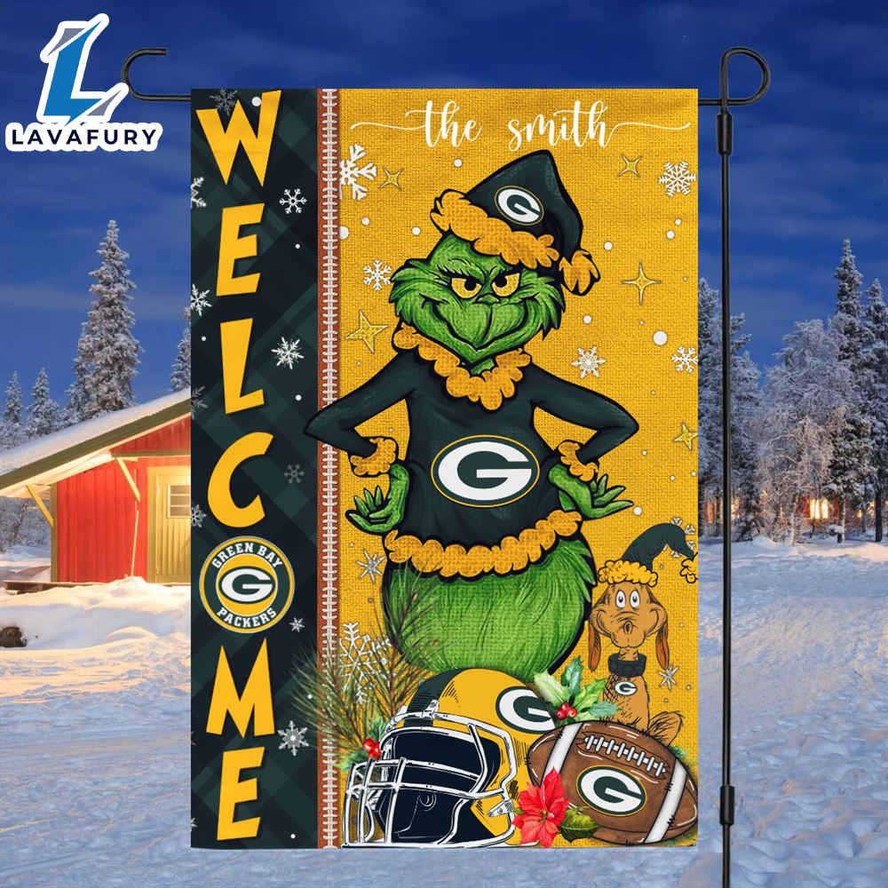 NFL Green Bay Packers Grinch Football Christmas Welcome Garden Flag Custom Name