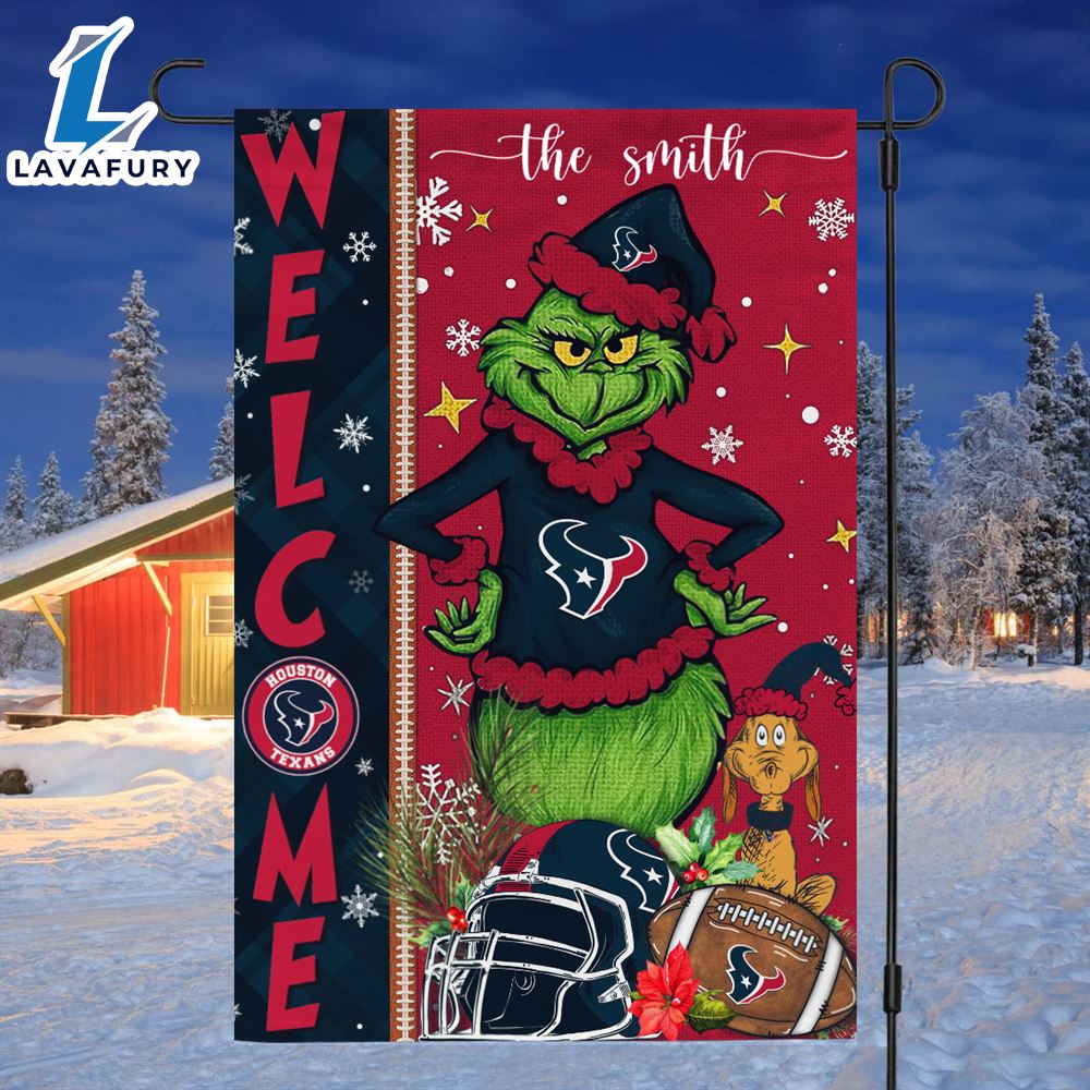 NFL Houston Texans Grinch Football Christmas Welcome Garden Flag Custom Name